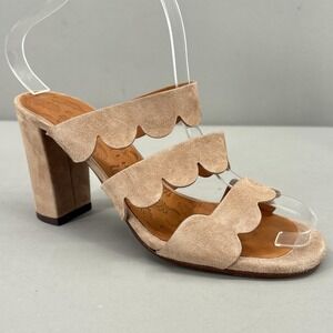 Chie Mihara Sandals Shoes Size 7 37 Beige Suede Block Heel Scalloped Strappy